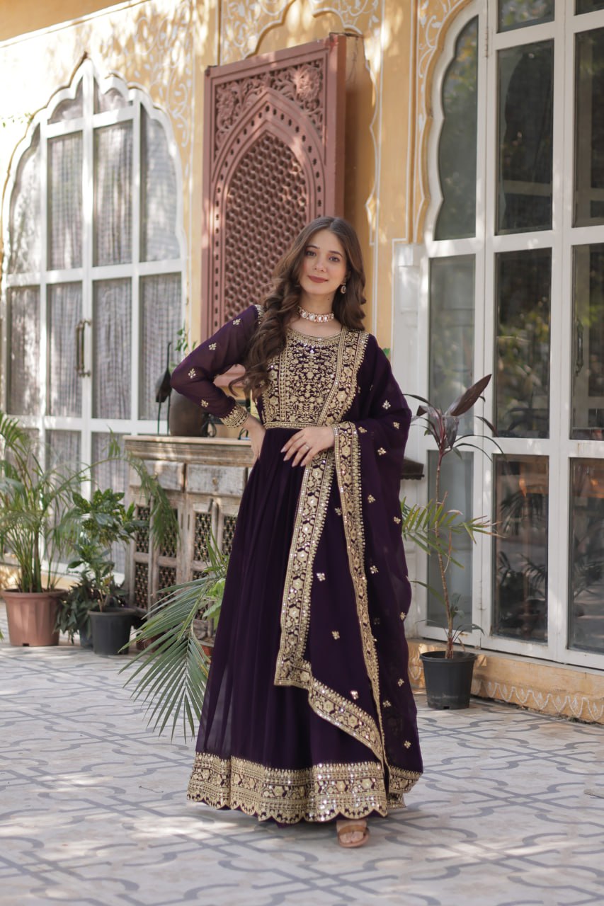 Fancy Faux Blooming with Embroidery Zari Sequins work Gown Set
