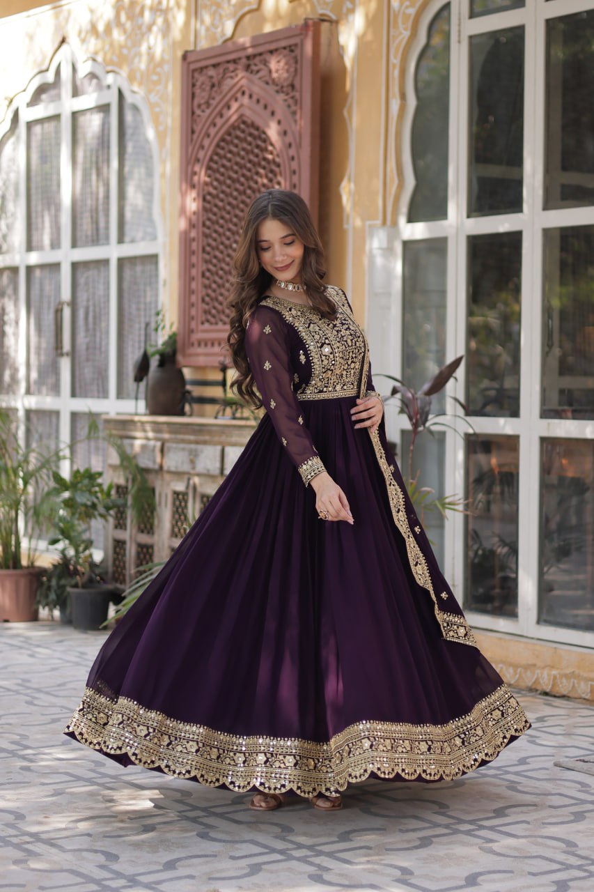 Fancy Faux Blooming with Embroidery Zari Sequins work Gown Set
