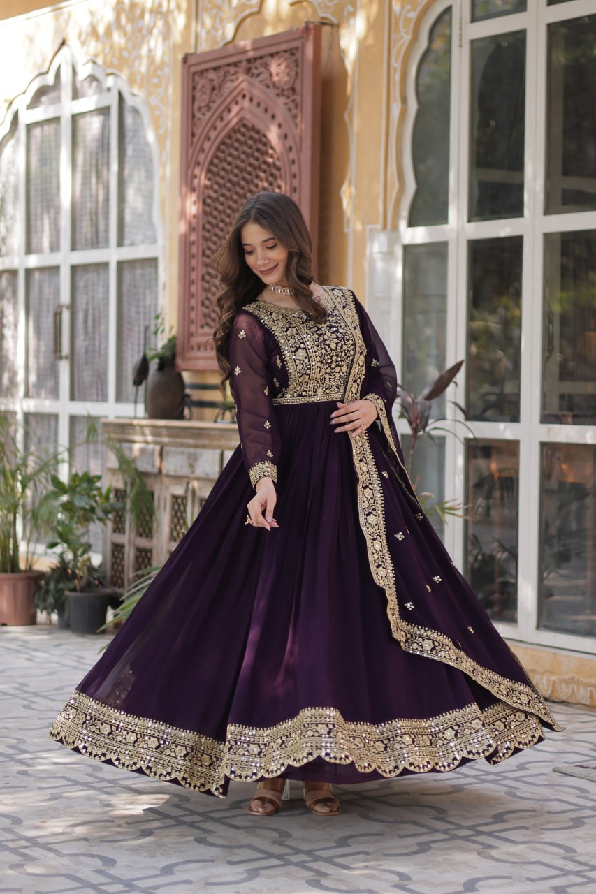 Fancy Faux Blooming with Embroidery Zari Sequins work Gown Set
