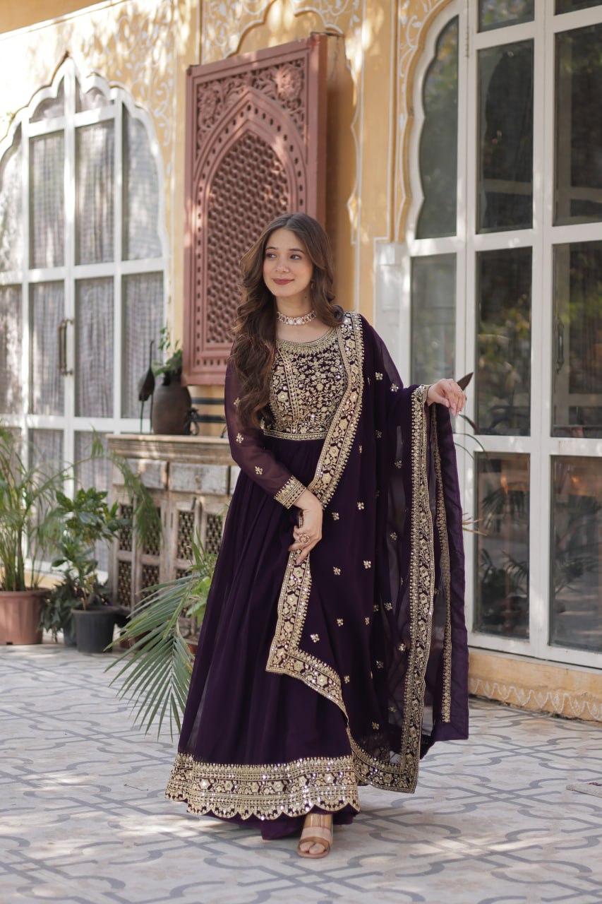 Fancy Faux Blooming with Embroidery Zari Sequins work Gown Set
