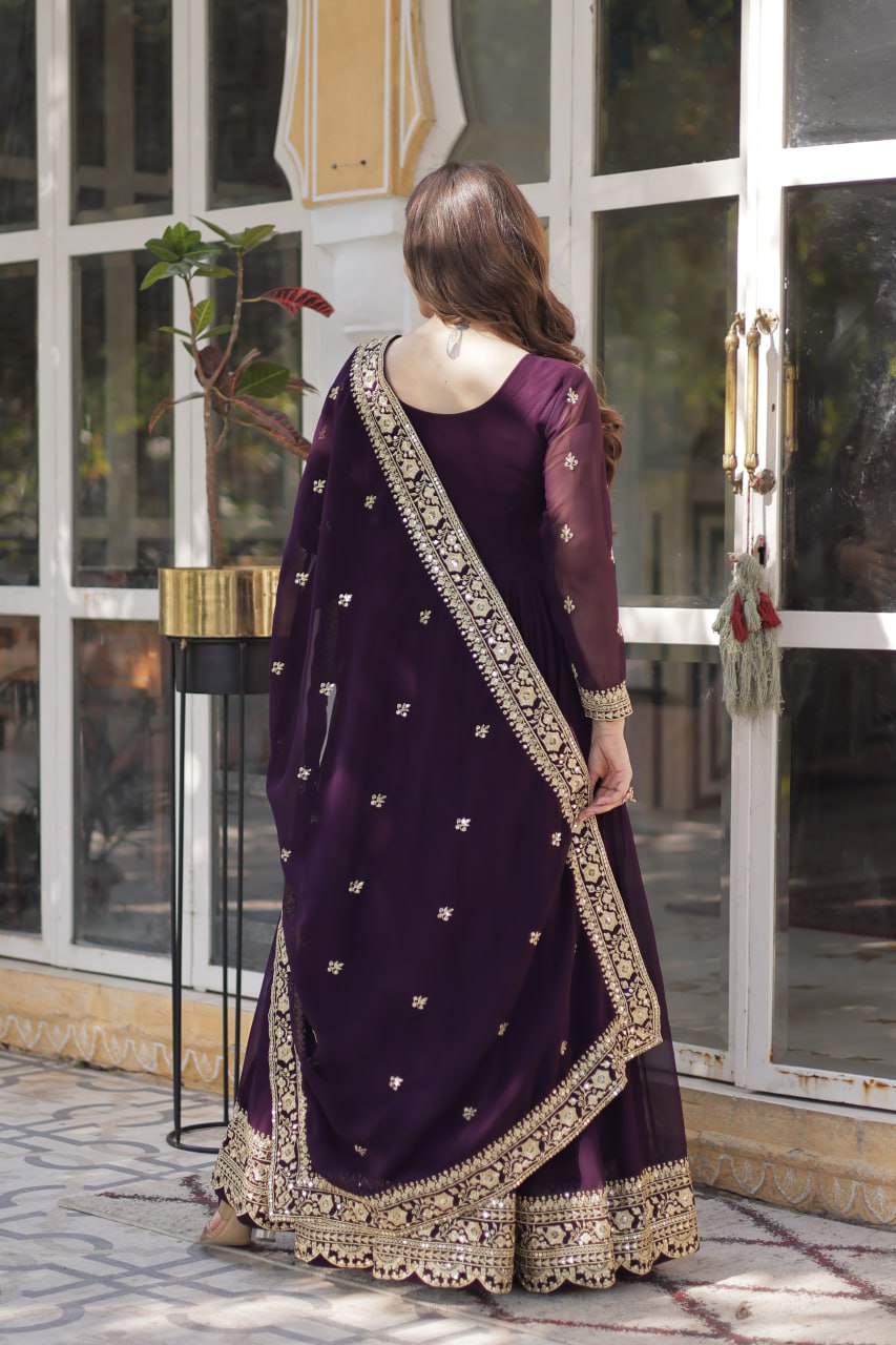 Fancy Faux Blooming with Embroidery Zari Sequins work Gown Set

