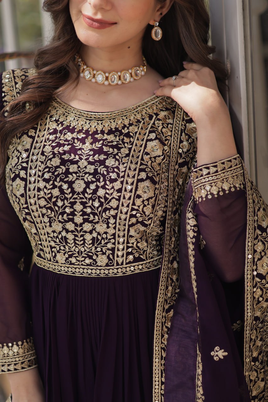 Fancy Faux Blooming with Embroidery Zari Sequins work Gown Set
