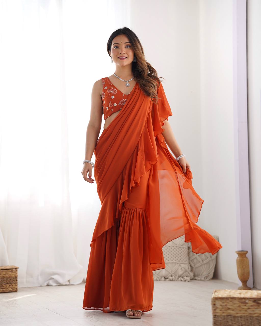Fancy Pure Faux Georgette Sharara Style Saree-Rust
