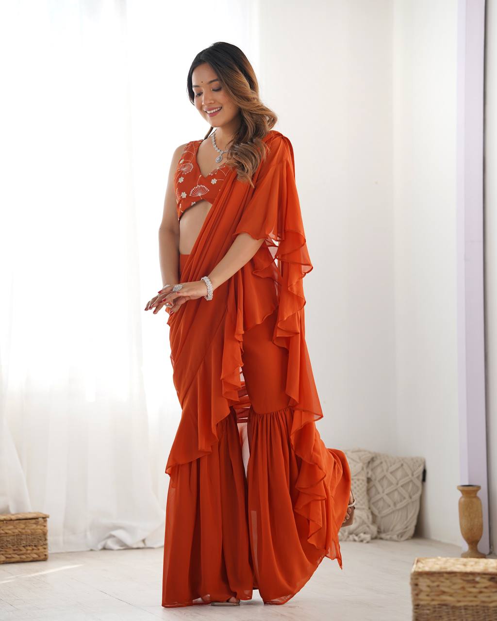Fancy Pure Faux Georgette Sharara Style Saree-Rust
