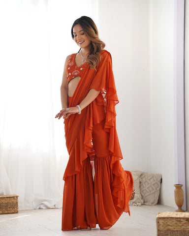 Fancy Pure Faux Georgette Sharara Style Saree-Rust
