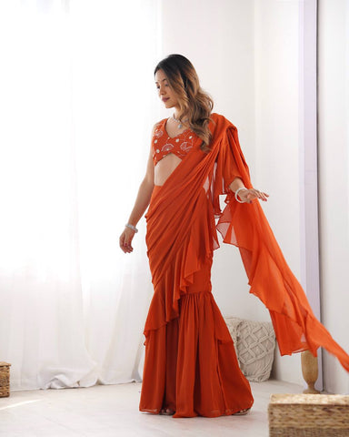 Fancy Pure Faux Georgette Sharara Style Saree-Rust
