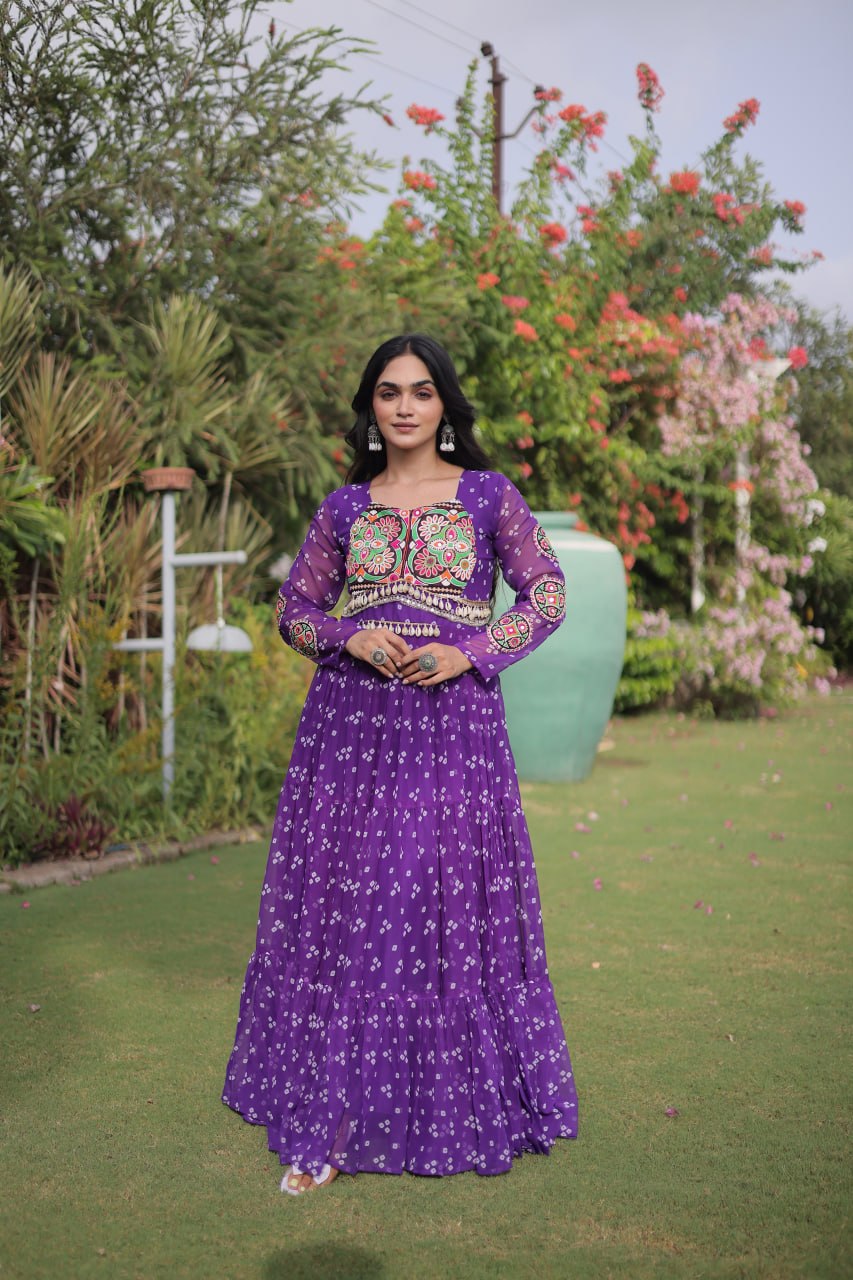 Designer Faux Georgette Bandhani Print Kutchi Patchwork Navratri Gown

