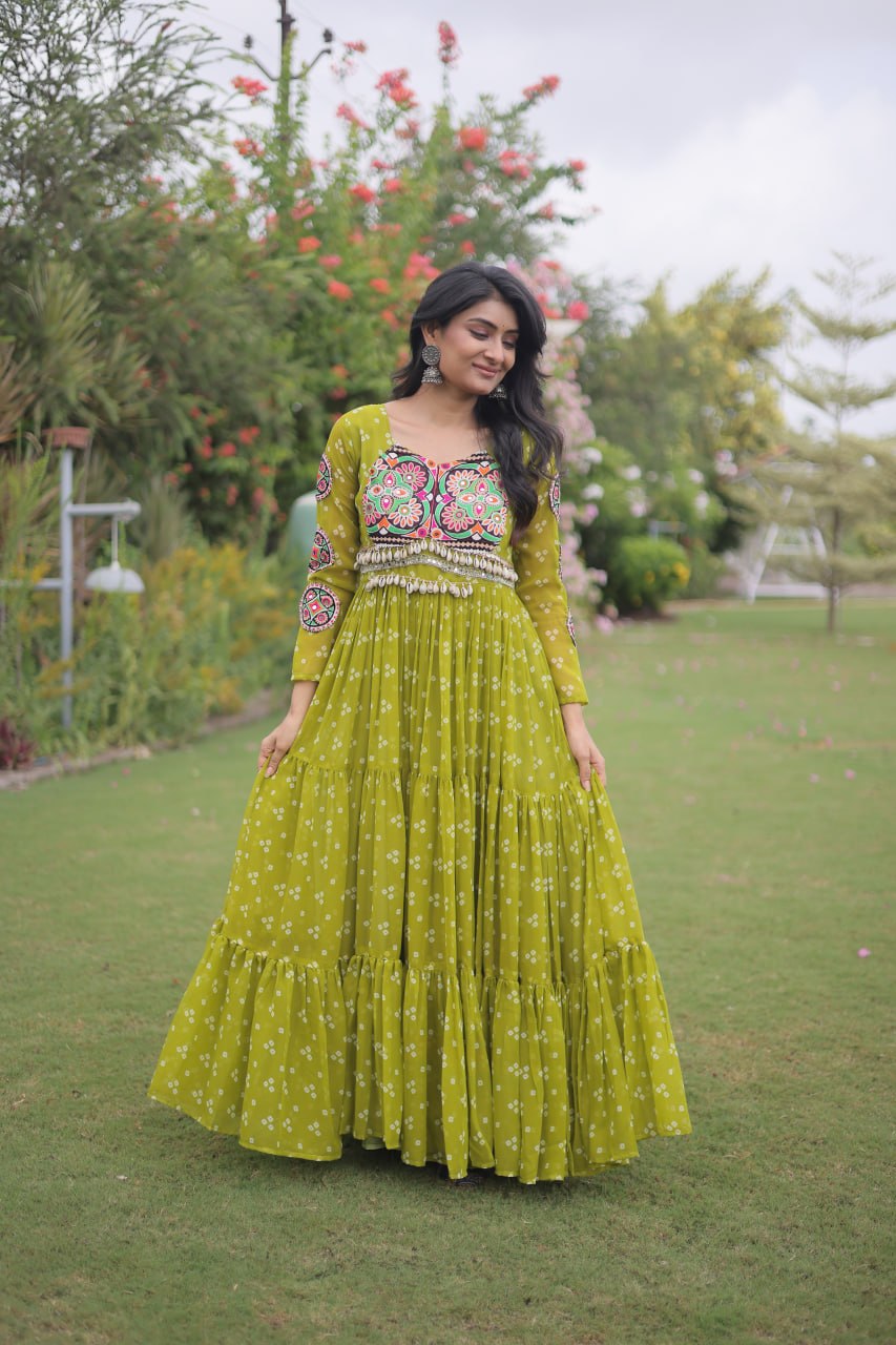 Designer Faux Georgette Bandhani Print Kutchi Patchwork Navratri Gown
