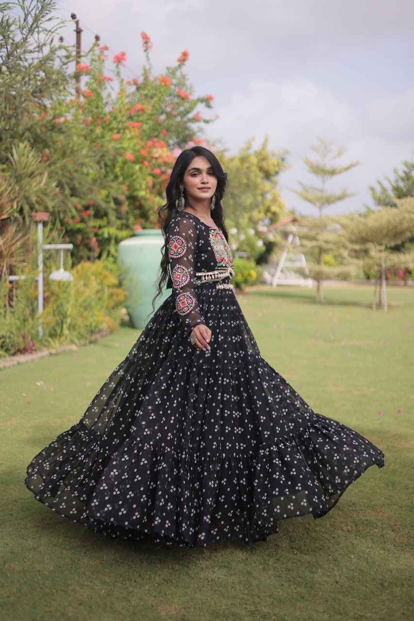 Designer Faux Georgette Bandhani Print Kutchi Patchwork Navratri Gown
