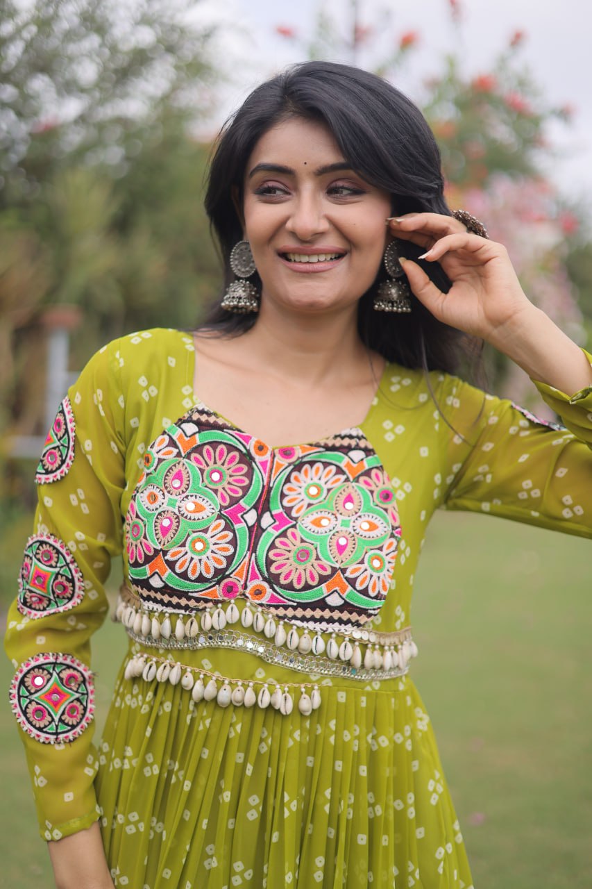 Designer Faux Georgette Bandhani Print Kutchi Patchwork Navratri Gown

