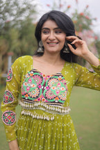 Designer Faux Georgette Bandhani Print Kutchi Patchwork Navratri Gown
