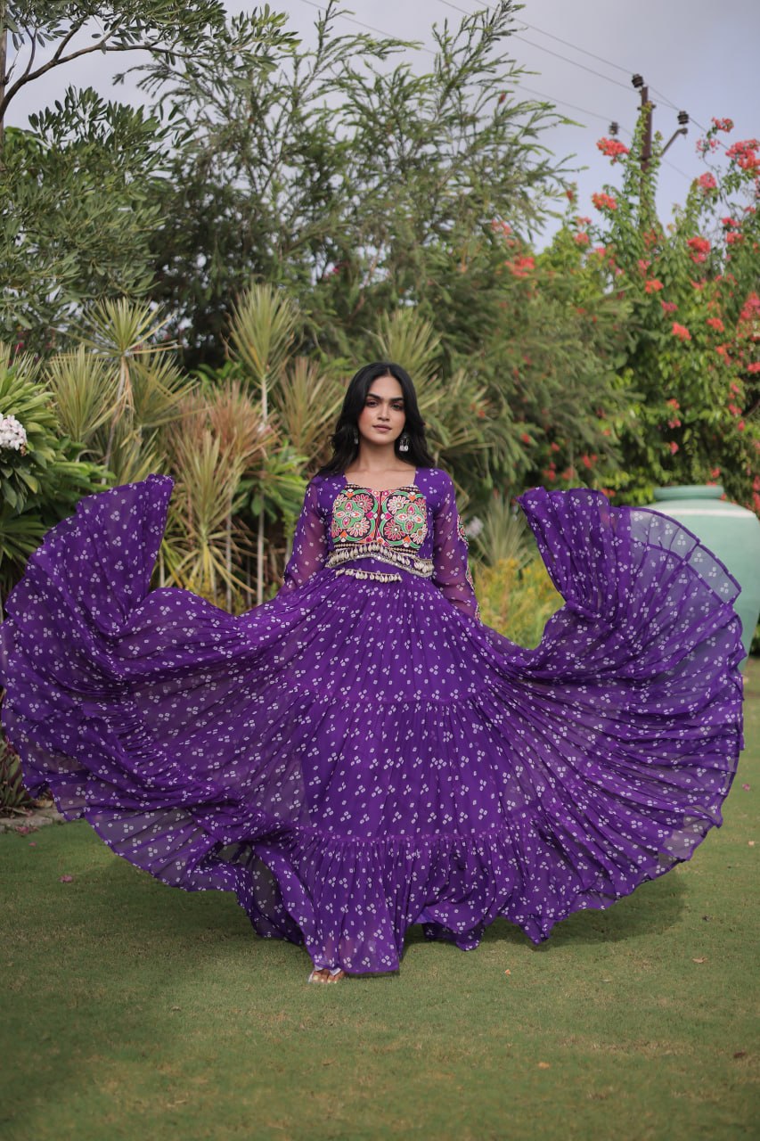 Designer Faux Georgette Bandhani Print Kutchi Patchwork Navratri Gown

