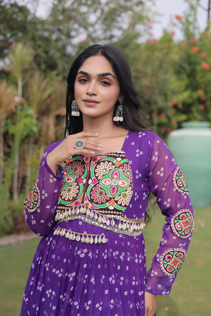 Designer Faux Georgette Bandhani Print Kutchi Patchwork Navratri Gown

