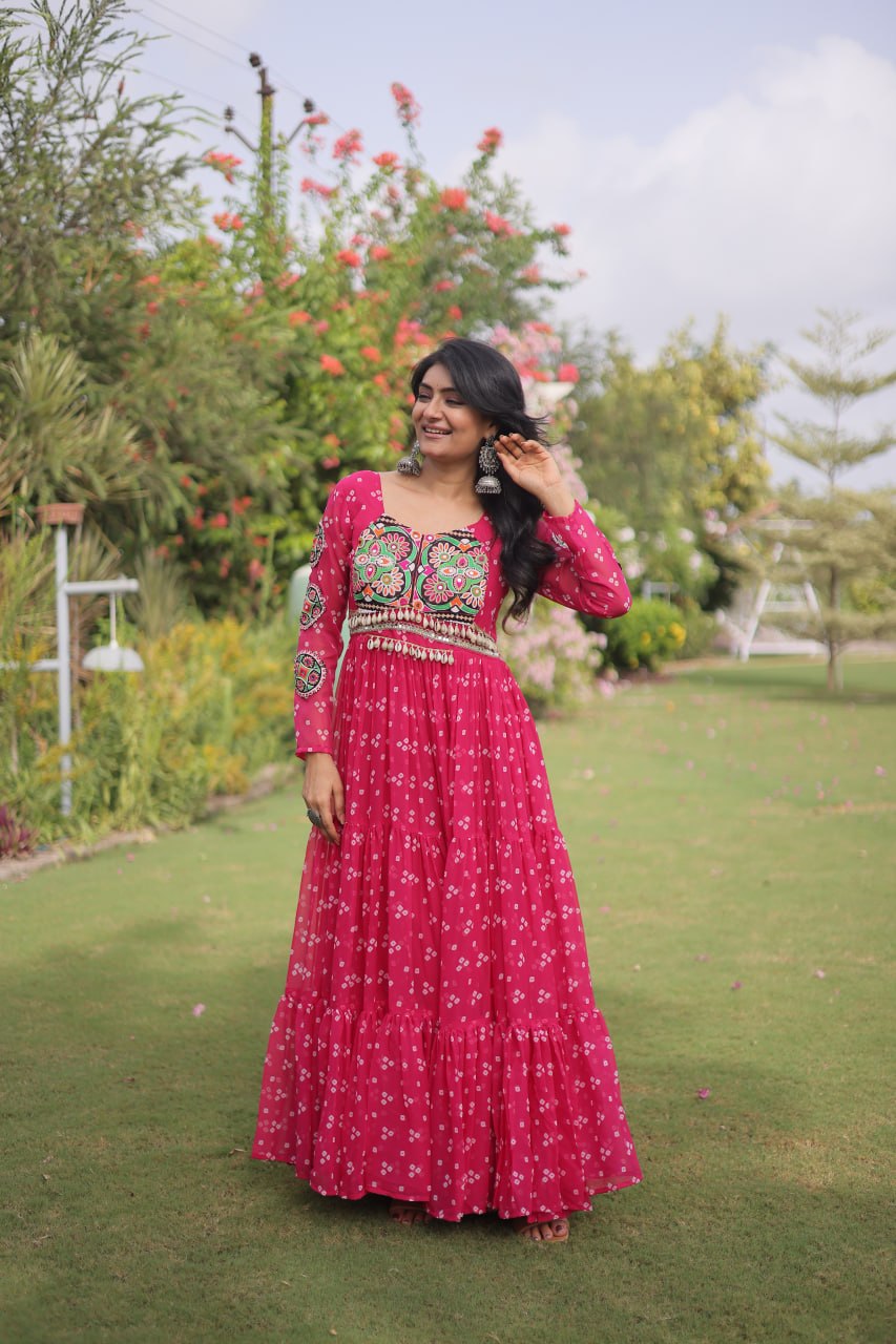 Designer Faux Georgette Bandhani Print Kutchi Patchwork Navratri Gown
