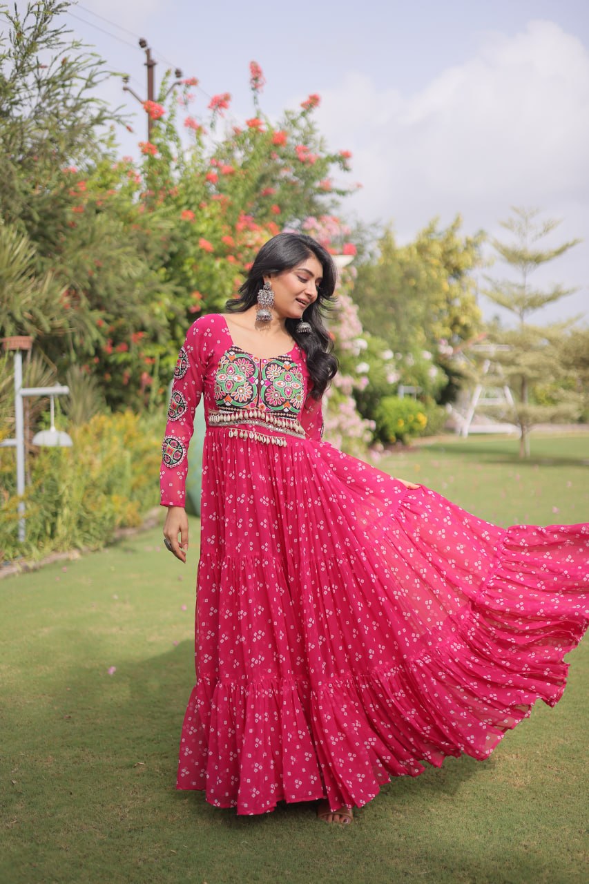 Designer Faux Georgette Bandhani Print Kutchi Patchwork Navratri Gown
