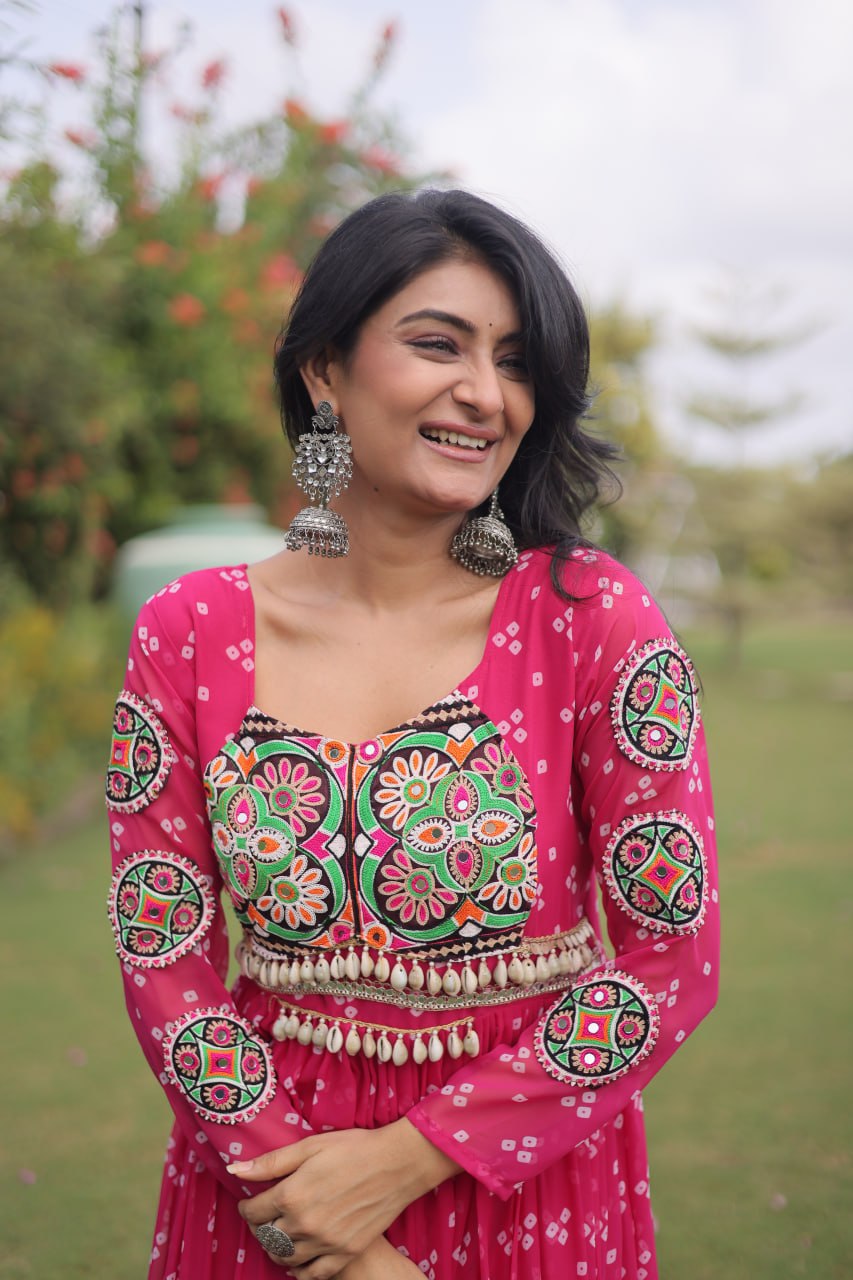 Designer Faux Georgette Bandhani Print Kutchi Patchwork Navratri Gown
