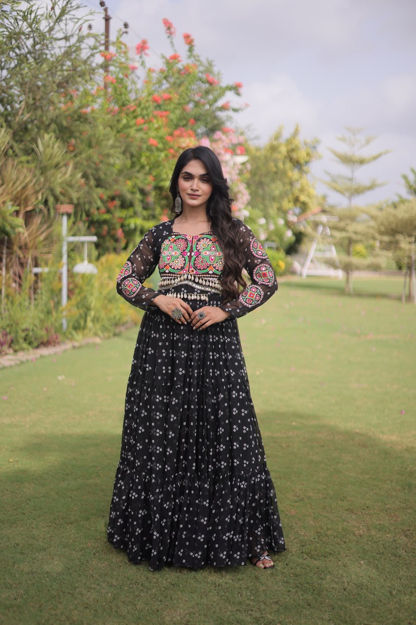 Designer Faux Georgette Bandhani Print Kutchi Patchwork Navratri Gown
