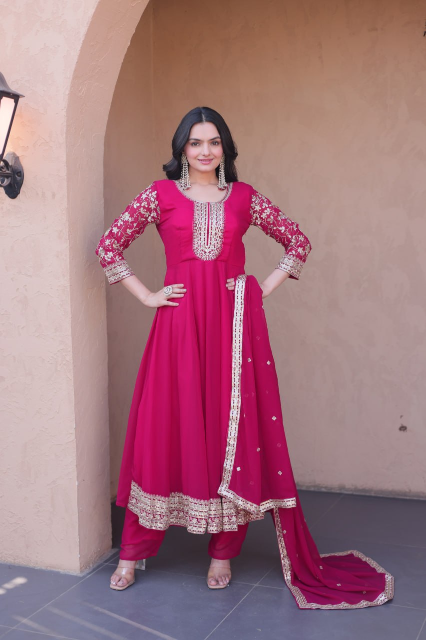 Designer Faux Blooming Anarkali Gown with Pant and Dupatta
