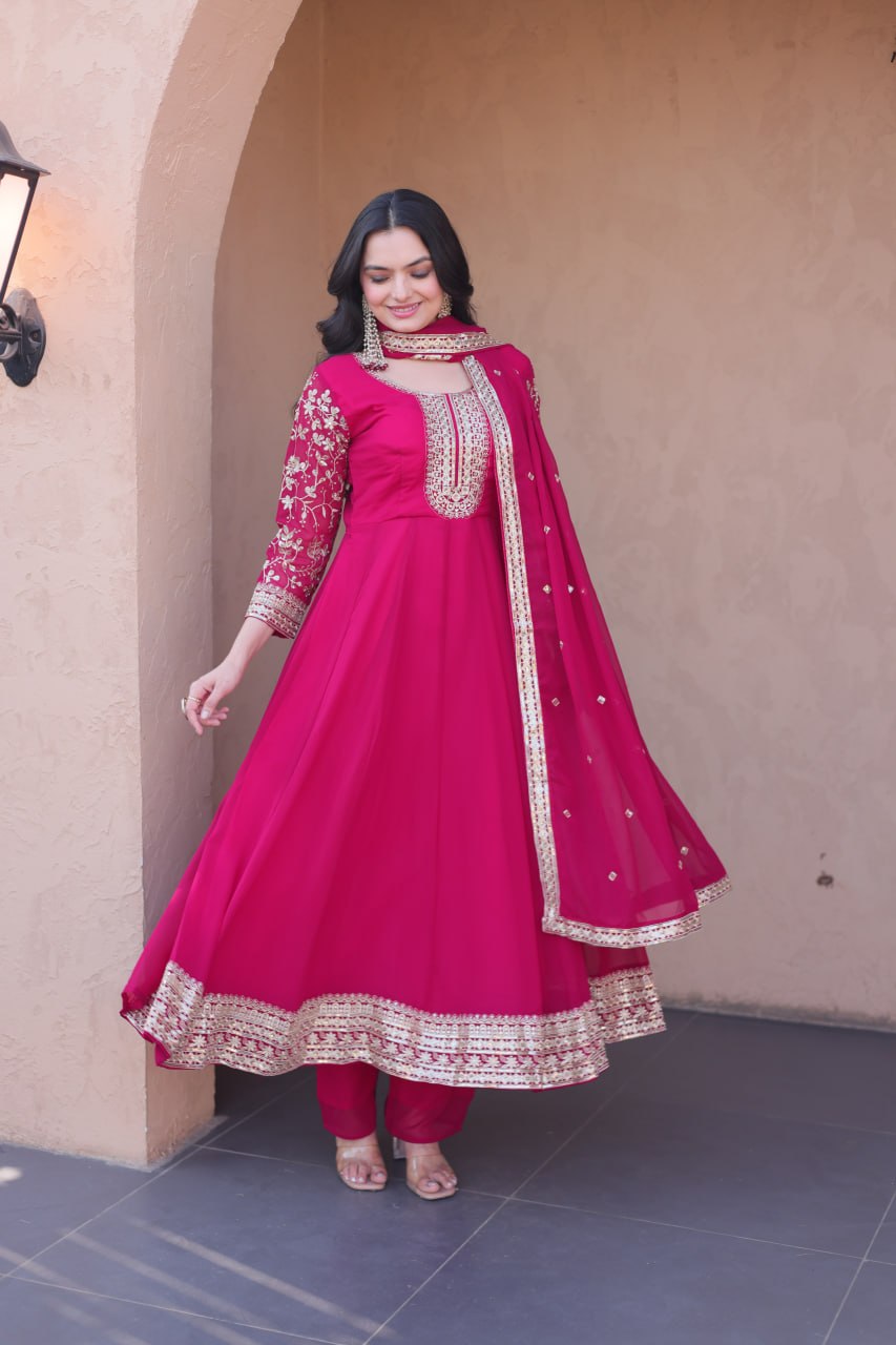 Designer Faux Blooming Anarkali Gown with Pant and Dupatta
