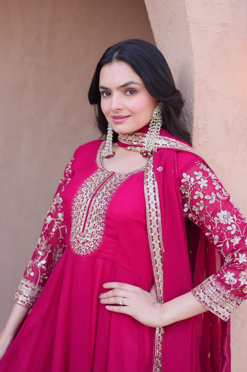 Designer Faux Blooming Anarkali Gown with Pant and Dupatta
