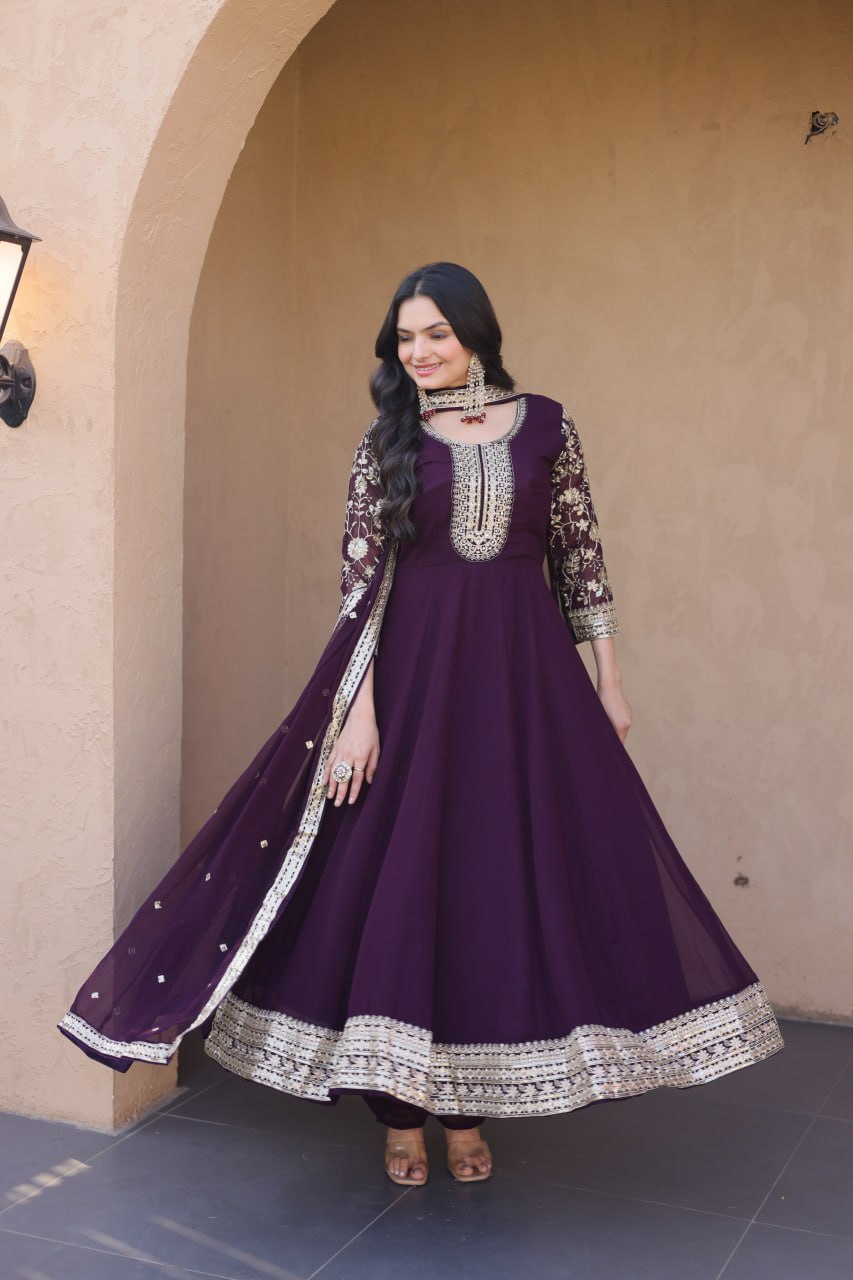 Designer Faux Blooming Anarkali Gown with Pant and Dupatta
