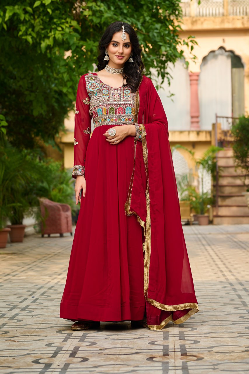 Faux Blooming with Sequins & Multi Thread Embroidered work Gown with Dupatta Set
