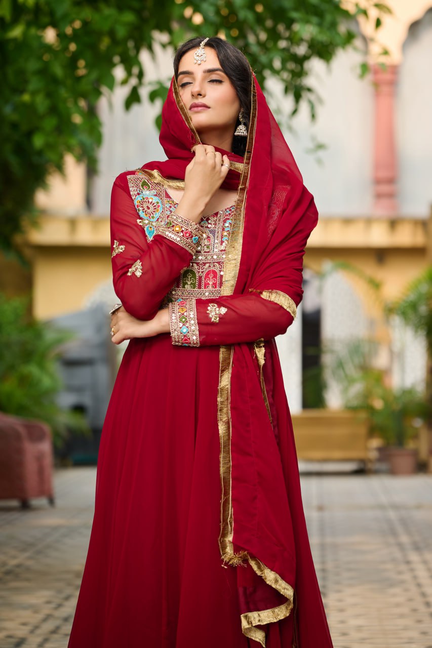 Faux Blooming with Sequins & Multi Thread Embroidered work Gown with Dupatta Set
