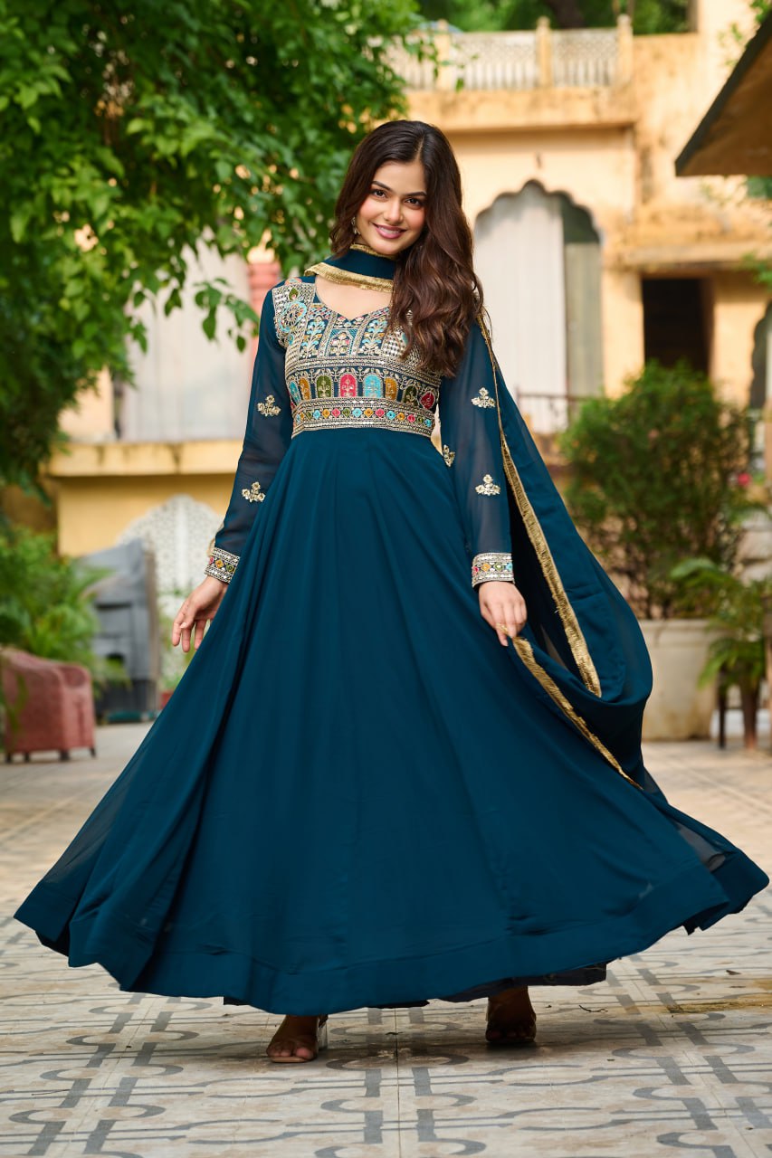 Faux Blooming with Sequins & Multi Thread Embroidered work Gown with Dupatta Set