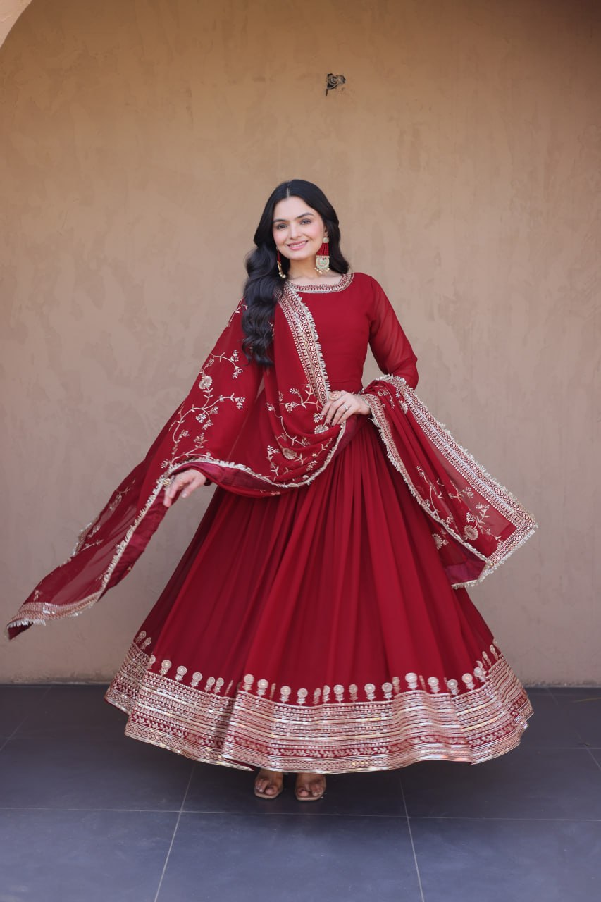 Exclusive Maroon Faux Blooming Festive Gown Set
