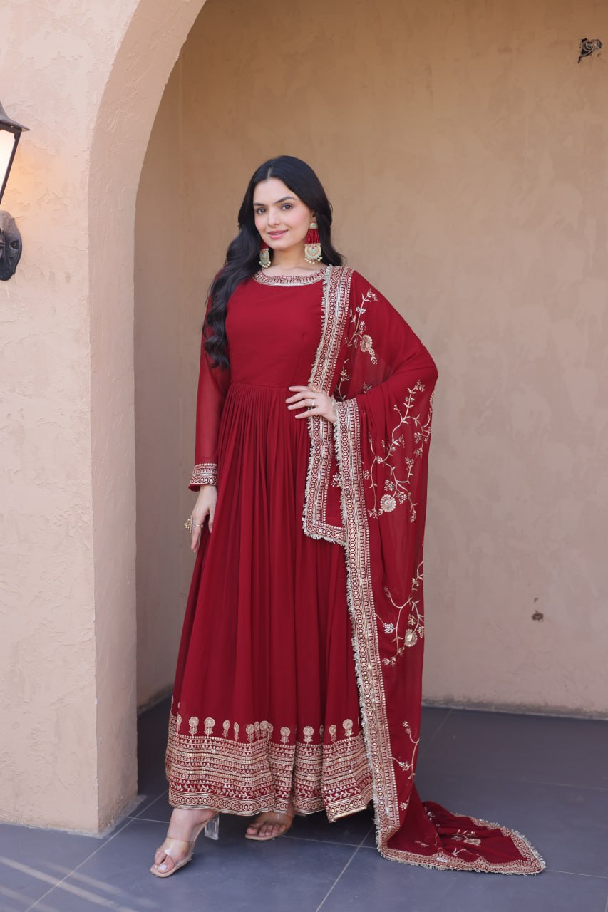 Exclusive Maroon Faux Blooming Festive Gown Set

