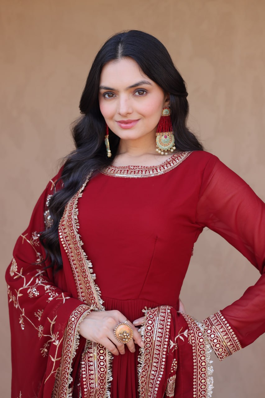 Exclusive Maroon Faux Blooming Festive Gown Set
