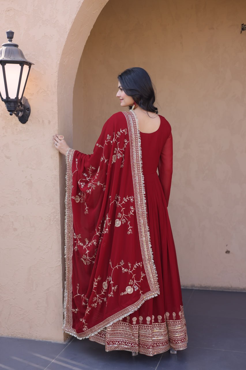 Exclusive Maroon Faux Blooming Festive Gown Set
