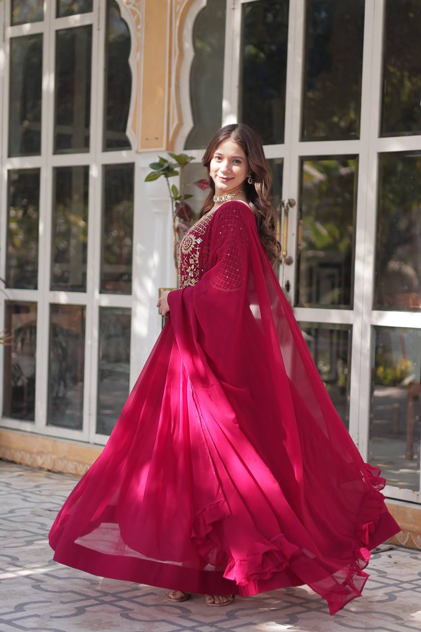 Fancy Faux Blooming Georgette with Attractive Embroidery Zari Sequins work Gown Set