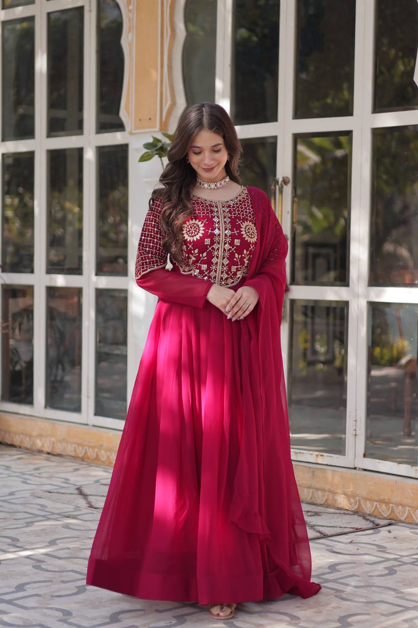 Fancy Faux Blooming Georgette with Attractive Embroidery Zari Sequins work Gown Set
