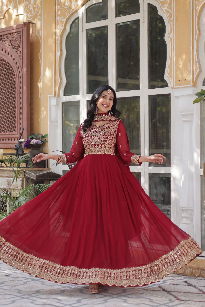 Fancy Faux Blooming with Embroidery Zari Sequins Work Gown
