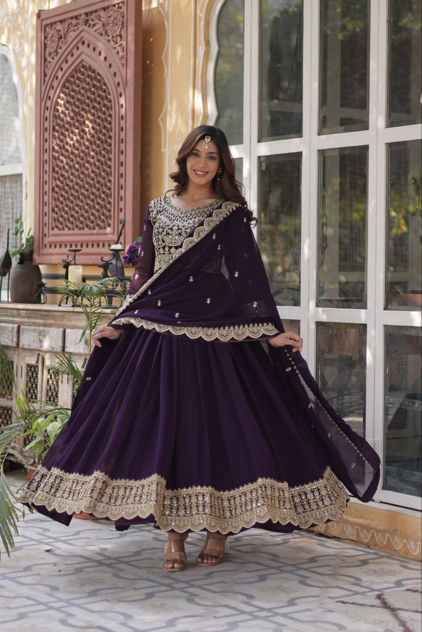 Fancy Faux Blooming with Embroidery Zari Sequins Work Gown
