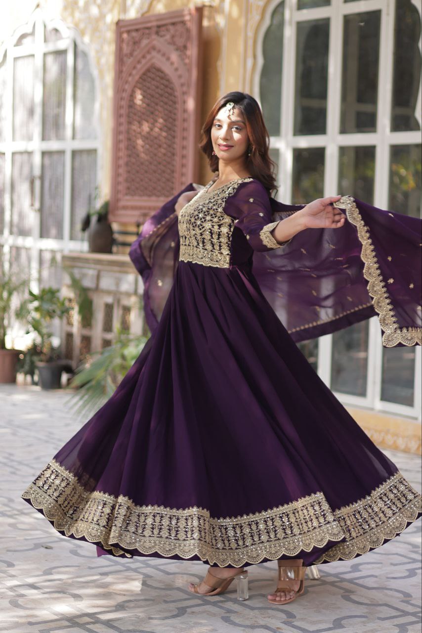 Fancy Faux Blooming with Embroidery Zari Sequins Work Gown
