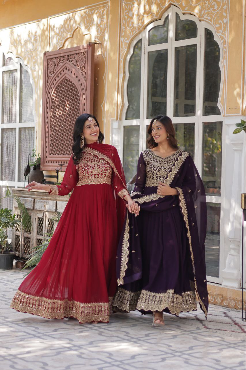 Fancy Faux Blooming with Embroidery Zari Sequins Work Gown
