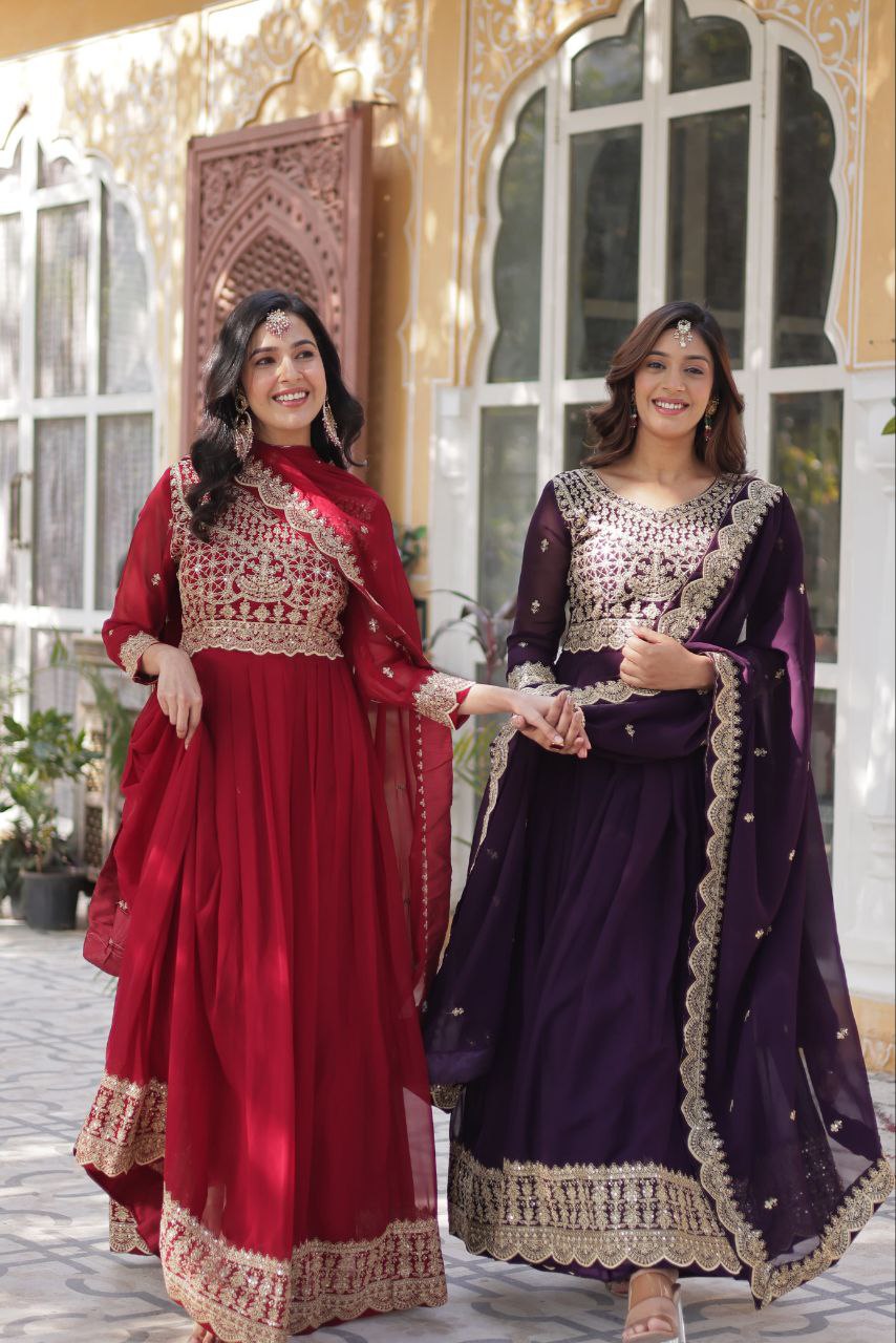 Fancy Faux Blooming with Embroidery Zari Sequins Work Gown
