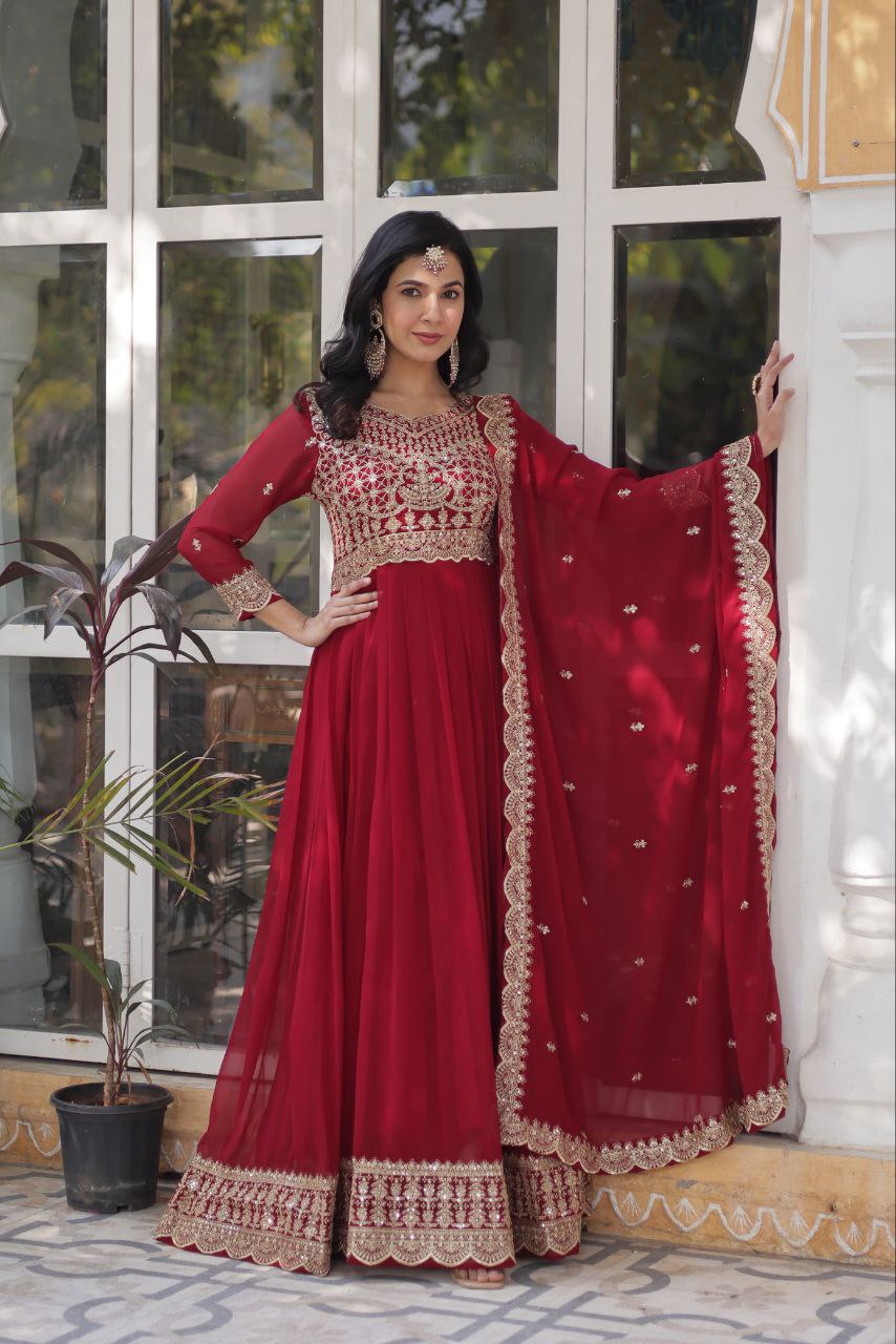 Fancy Faux Blooming with Embroidery Zari Sequins Work Gown

