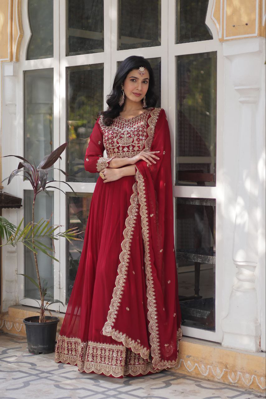 Fancy Faux Blooming with Embroidery Zari Sequins Work Gown
