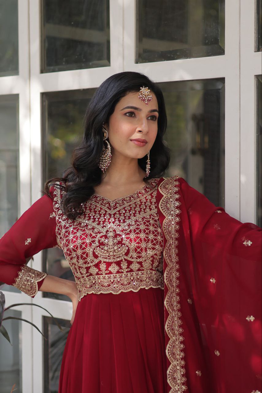 Fancy Faux Blooming with Embroidery Zari Sequins Work Gown
