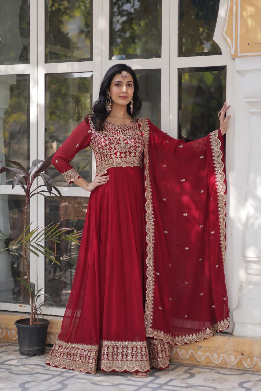 Fancy Faux Blooming with Embroidery Zari Sequins Work Gown
