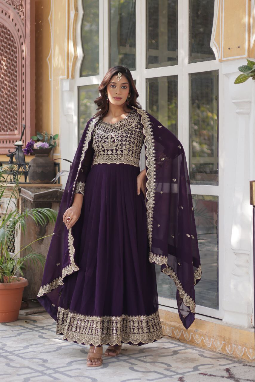 Fancy Faux Blooming with Embroidery Zari Sequins Work Gown

