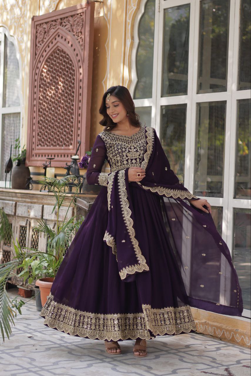 Fancy Faux Blooming with Embroidery Zari Sequins Work Gown
