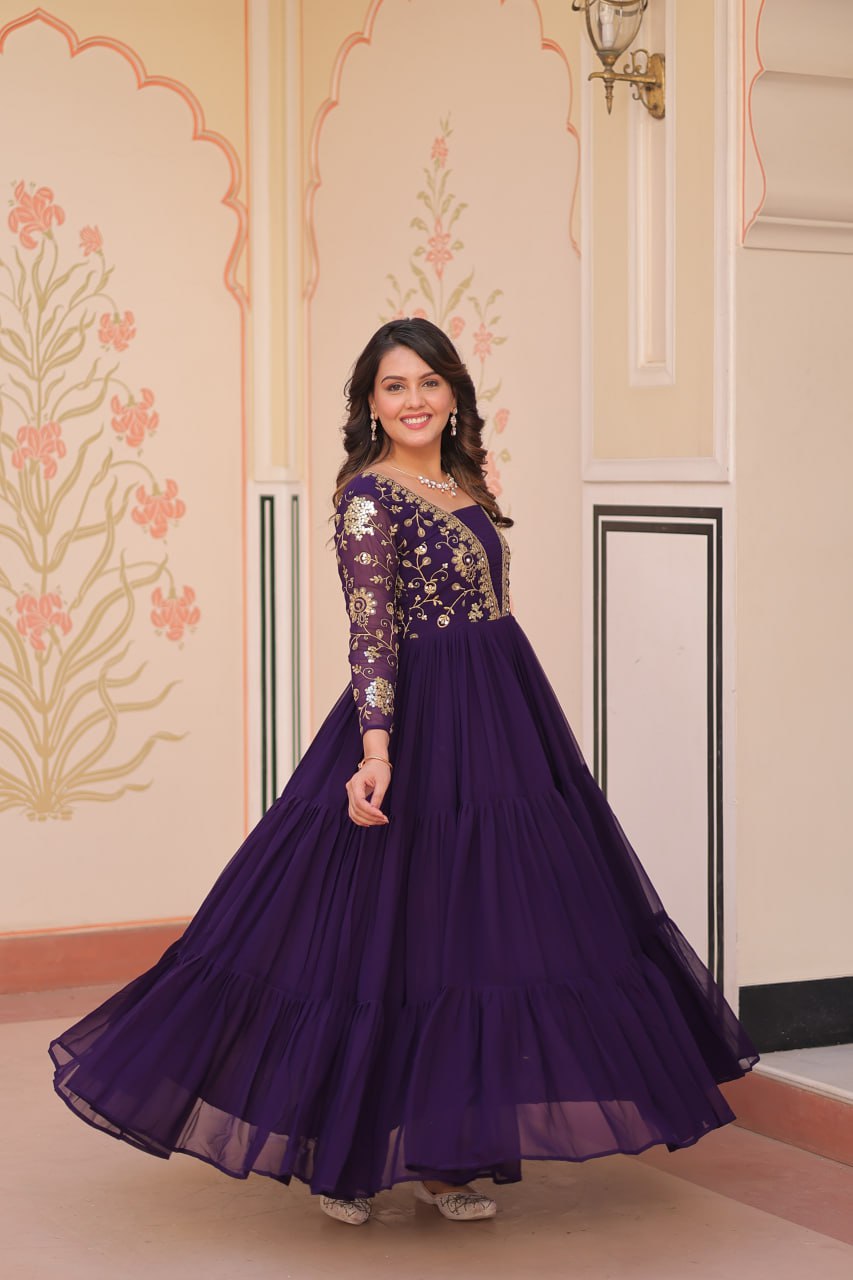 Designer Faux Blooming With Sequins & Zari Embroidered Work Gown