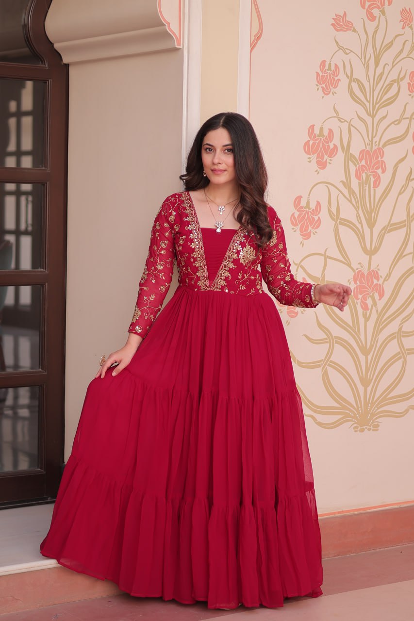 Designer Faux Blooming With Sequins & Zari Embroidered Work Gown
