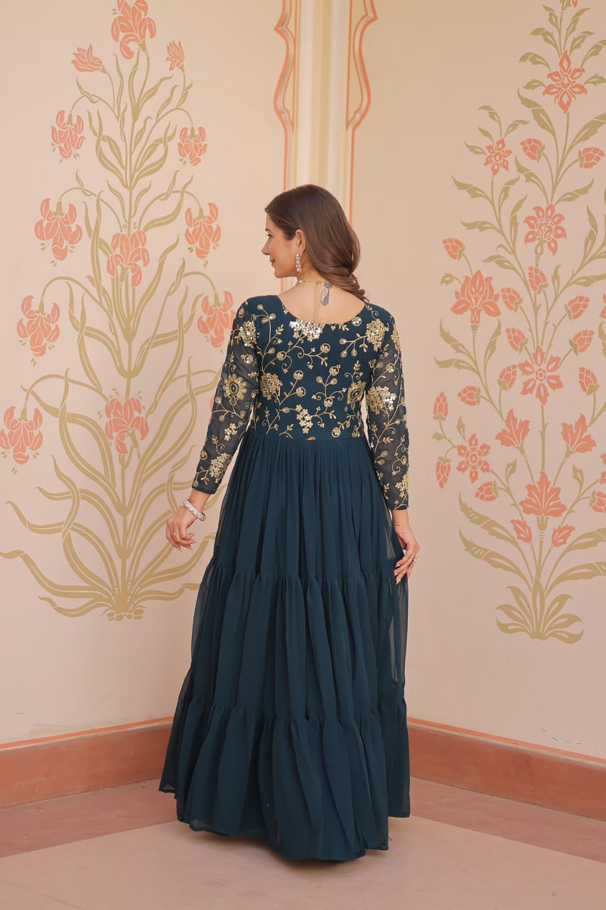 Designer Faux Blooming With Sequins & Zari Embroidered Work Gown