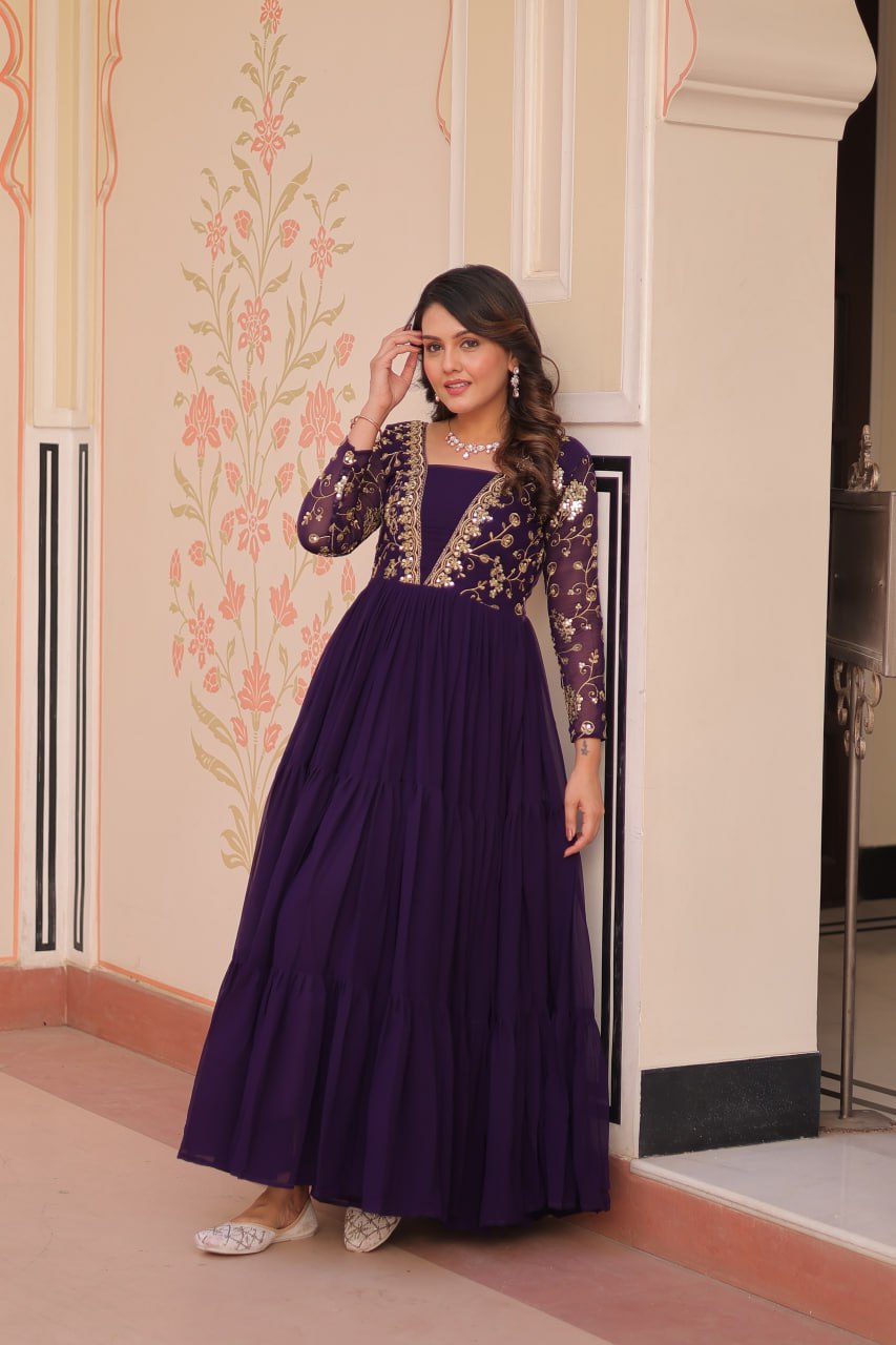 Designer Faux Blooming With Sequins & Zari Embroidered Work Gown