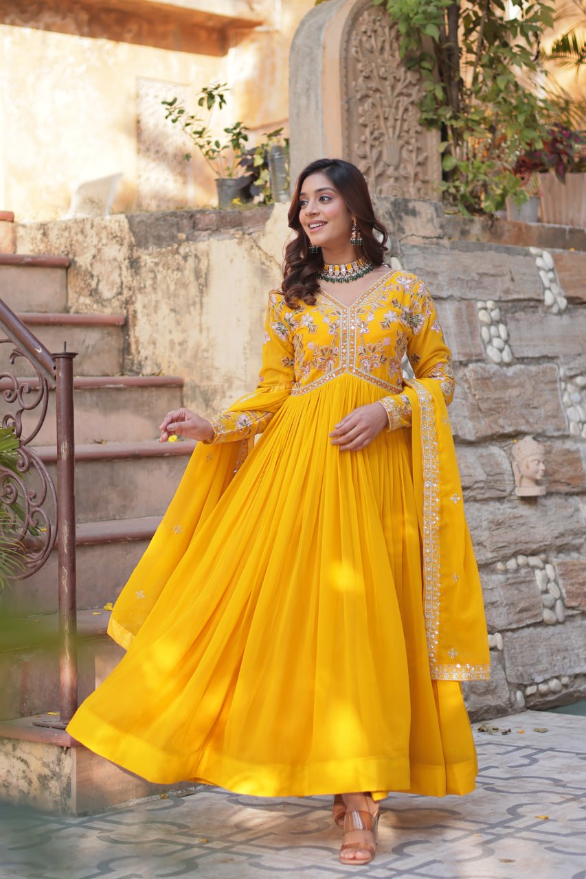 Heavy Faux Blooming with Premium Embroidery Zari Sequins work Gown
